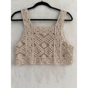 Boho Cream Crochet Crop Top Sleeveless Knit Festival Tank Beige Square Neck